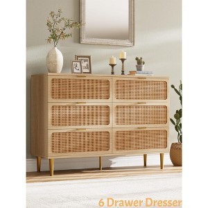 6 Drawer Dresser for Bedroom, Rattan Chest of Drawers w/ Deep Drawers Large Modern Double Dresser for Closet w/ Wide Top Horizontal Wooden Dresser - 1 of 4