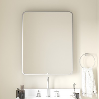 Emma and Oliver Metal Framed Bathroom Medicine Cabinet with Reversible, Recessed Design and Beveled Rounded Mirror