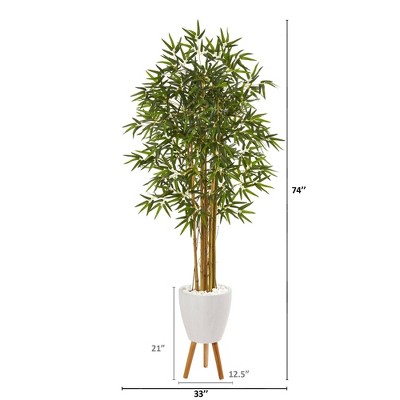 74" Green Silk Bamboo Tree in White Planter with Wooden Stand