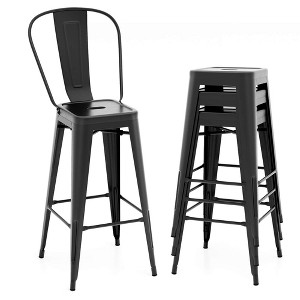 Costway Set of 4 High Back Metal Stool 30'' Seat Bar Height Industrial Bar Stools Gun/Black - 1 of 4