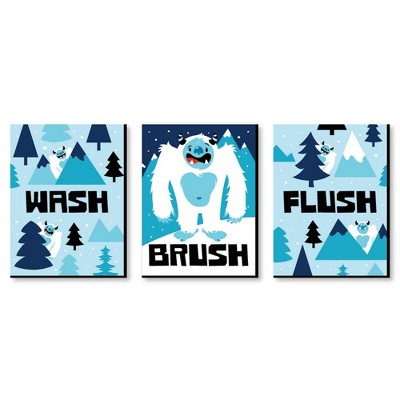 Big Dot of Happiness Yeti to Party - Abominable Snowman Kids Bathroom Rules Wall Art - 7.5 x 10 inches - Set of 3 Signs - Wash, Brush, Flush