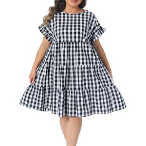 Women's Plus Size 1950s Gingham Plaid Round Neck Ruffle Sleeve Tiered Casual Summer Babydoll Midi Dresses with Pocket - Agnes Orinda - 1 of 4