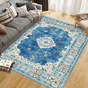 Coucheta Washable Bohemian Area Rug, Distressed Oriental Floral Pattern, Non-Slip Low Pile Carpet for Living & Dining Room, Bedroom, Nursery & Office - 1 of 4