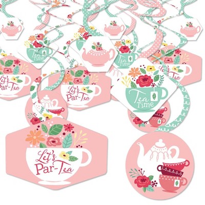 Big Dot of Happiness Floral Let's Par-Tea - Garden Tea Party Hanging Decor - Party Decoration Swirls - Set of 40