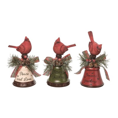 Transpac Resin Cardinal and Bell Figurine Set of 3 Decorative Bird Figurines for Christmas Multicolored Tabletop Decor Indoor Use Gift Giving and