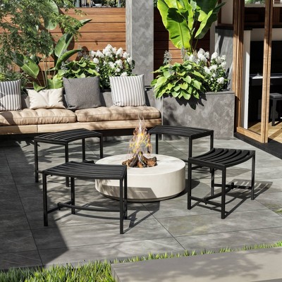 FUFU&GAGA Modern Black Sturdy Steel Outdoor Chair Set of 4,Fire Pit Stool with Hollow,Heavy Duty Plant Holder for Patio Fire Pit/Backyard Gatherings