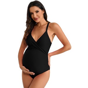 Maternity Swimsuit One Piece Maternity Bathing Suit V Neck Adjustable Shoulder Strap - 1 of 4