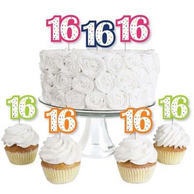 Big Dot of Happiness 16th Birthday - Cheerful Happy Birthday - Dessert Cupcake Toppers - Colorful Sweet Sixteen Birthday Clear Treat Picks - Set of 24