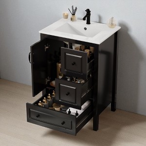24" Freestanding Bathroom Vanity with Ceramic Sink, Soft-Close Cabinet & Drawers, Retro Metal Handles, Open Back for Plumbing - 1 of 4