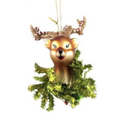 Holiday Ornament 5.0" Retro Reindeer With Wreath Christmas Antlers Candycane  -  Tree Ornaments