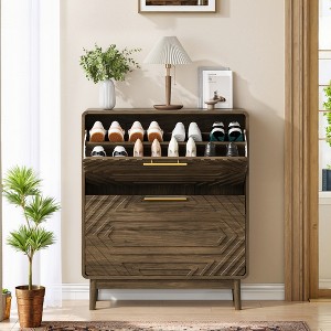 31.5" Mid-Century Modern Shoe Cabinet with 2 Flip-Top Drawers, Farmhouse Entryway Storage Organizer - 1 of 4