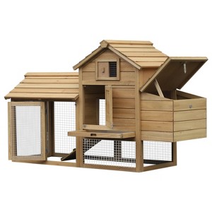 ORRD PawHut 59" Wooden Chicken Coop, Outdoor Hen House w/ 2 Doors, Nesting Box & Removable Tray, Natural Wood - 1 of 4