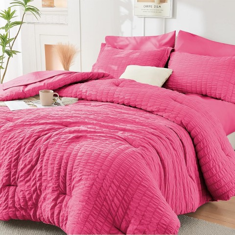 Der Rose BALHAM TRADE-7 Pieces Queen Seersucker All Season Luxury Bed in a Bag for Bedroom Bedding Set Hot Pink-Queen 88"x 88"