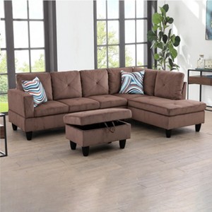 AndMakers 97 in. W Square Arm 3-piece L Shaped Cotton Modern Sectional Sofa in Brown with Storage - 1 of 4