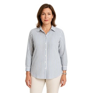 da-sh Women's Long Button Front Pucker Stripe Shirt | indigo - 1 of 3