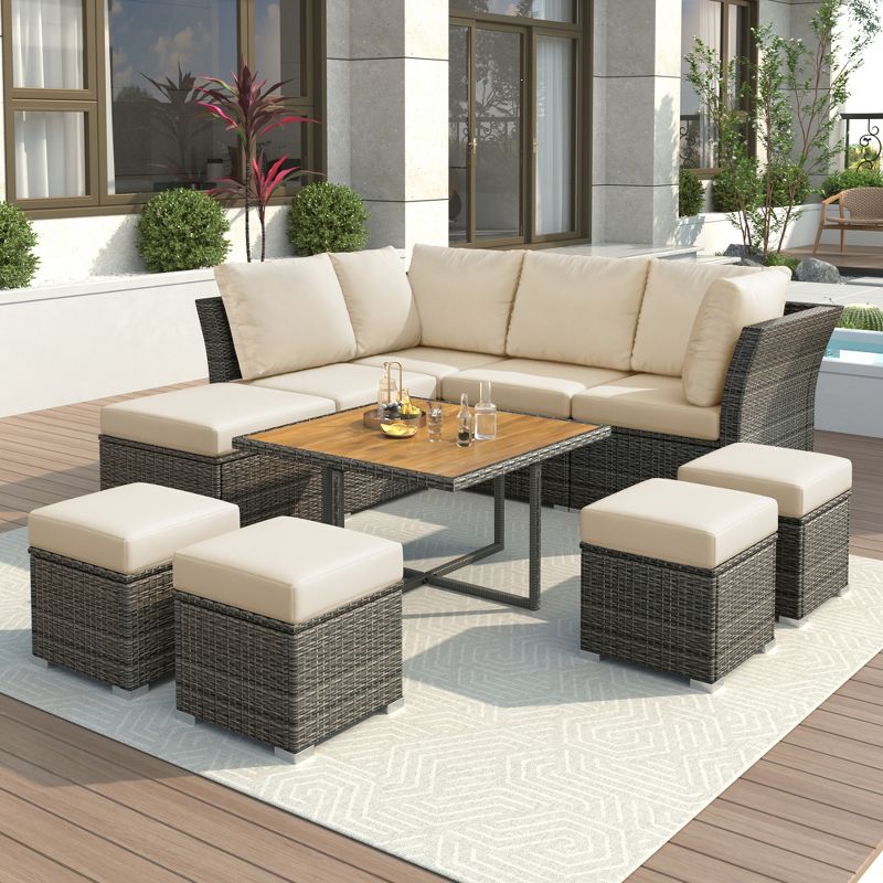 10 PCS Patio Rattan Furniture Set, Outdoor Conversation Sofa Set with CoffeeTable & Ottomans 4M -ModernLuxe, 1 of 12