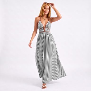 Anna-Kaci Women's Halter Deep V Cut-out Striped Empire Waist Maxi Dress-X Large, Gray : Target