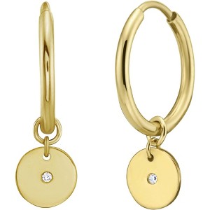 14k Yellow Gold 20mm Disc Diamond Charm Hoop Gemstone Earrings - 1 of 4