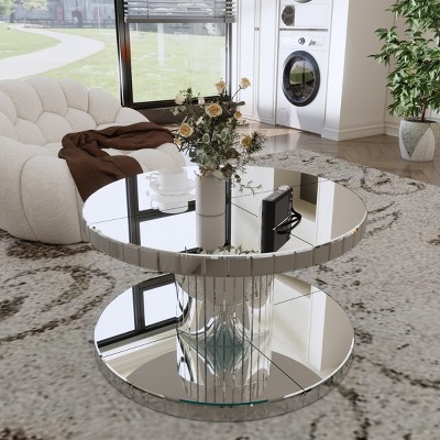 31" Round Mirrored Coffee Table, Double-Tier MDF & Glass with Fluted Pedestal Base, Modern Sofa Side Table for Living Room-Baofuwish