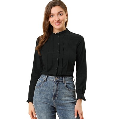 INSPIRE CHIC Women's Mock Neck Ruffle Work Office Cotton Pleated Button Up Shirt
