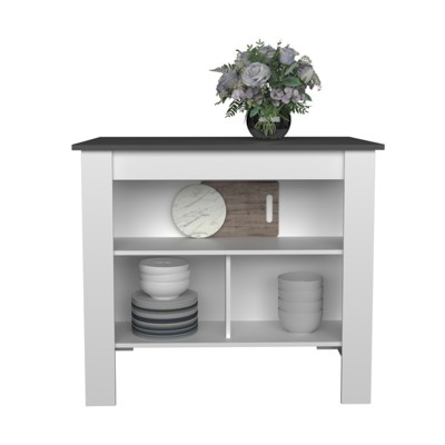 FONTOI 35.4" H Kitchen Island with Three Open Storage Shelves, Kitchen Table for Home, White&Pine, 40.5"*35.4"*27.5"