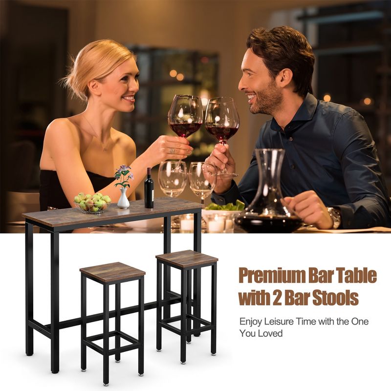 Costway 3 Pieces Bar Table Set Counter Height Breakfast Bar Dining Table w/Stools, 5 of 11