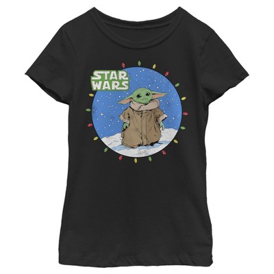 Photo 1 of Girl's Star Wars: The Mandalorian Christmas Lights Grogu Scene  T-Shirt - Black - Small size 6kids 