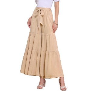 INSPIRE CHIC Women's Boho Elastic High Waist Tie Belt Ruffle Hem Wide Leg Palazzo Pants - 1 of 4