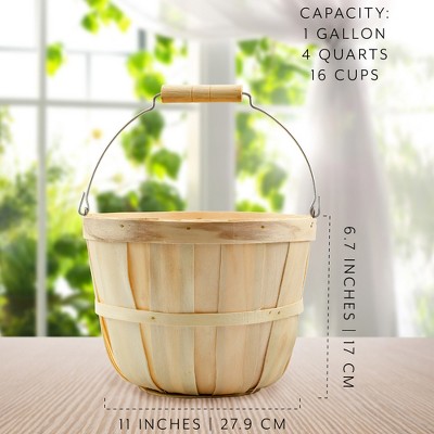 Natural Round Wooden Fruit Buckets with Handle, 4-Quart Set of 2