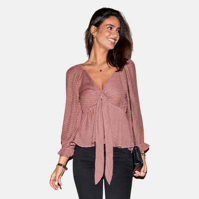 Women's Rose Plunging Tie-Front Blouson Sleeve Top - Cupshe