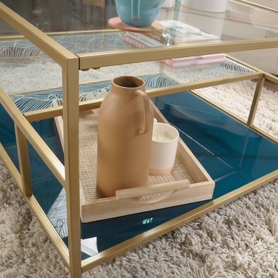 Satin Gold Square Coastal Glass Coffee Table with Abstract Shelves