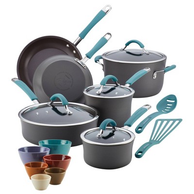 Rachael Ray Cucina Hard Anodized 18pc Nonstick Cookware and Measuring Cup Set Blue/Gray