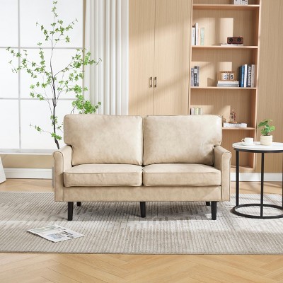 MOONMISS Mid Century 2 Seater Sofa PU and Boucle Couches for Living Room, Small Couch with USB & Removable Pillow Cover