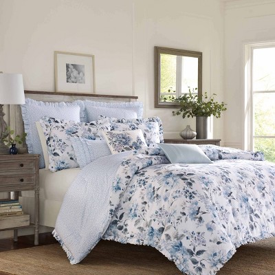 King Blue Cotton Ruffled Floral Duvet Cover Set