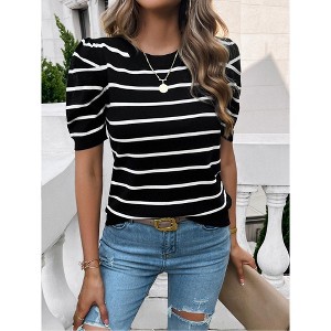 Womens Short Sleeve Puff Sleeve Round Neck Color Block Striped Sweater - 1 of 4
