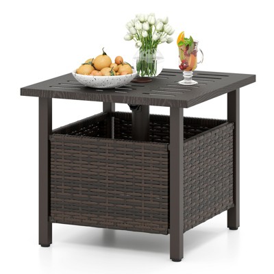 Tangkula Outdoor Side Table with 1.93" Umbrella Hole All-Weather PE Wicker Patio Umbrella Table with Rustproof Frame