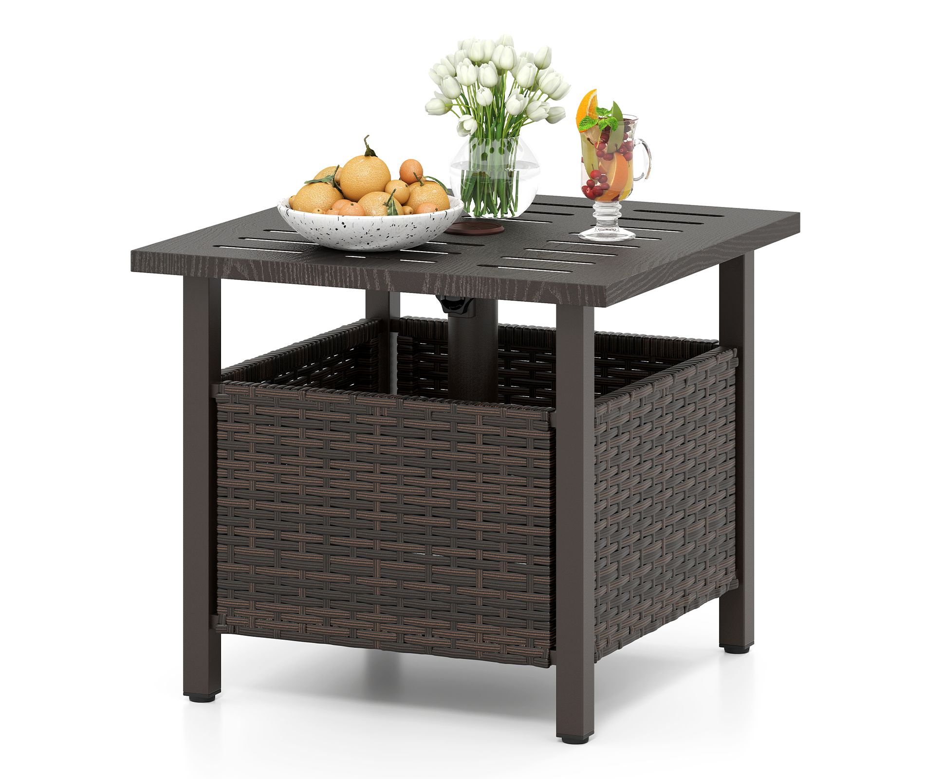 Tangkula Outdoor Side Table with 1.93" Umbrella Hole All-Weather PE Wicker Patio Umbrella Table with Rustproof Frame