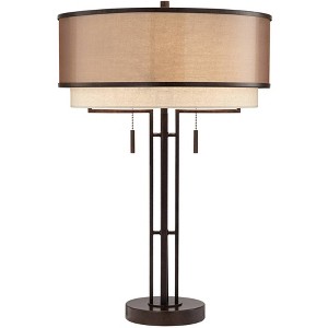 Franklin Iron Works Modern Industrial Table Lamp 27 1/2" Tall with USB Charging Port Oil Rubbed Bronze Double Fabric Shade for Bedroom Living Room - 1 of 4