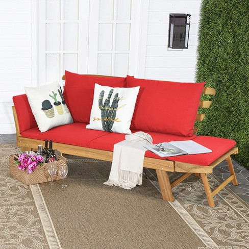 Outdoor Patio Rattan Daybed Thick Pillows Cushioned Sofa Furniture by Costway, Red