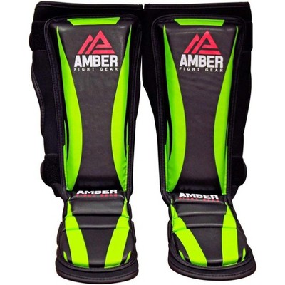 Amber Fight Gear Muay Thai Shin Guards, Skintex Leather, Foam Padding, Triple Straps, Grip Dots – Ideal for Kickboxing Training.