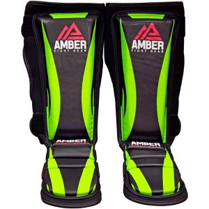 Amber Fight Gear Muay Thai Shin Guards, Skintex Leather, Foam Padding, Triple Straps, Grip Dots – Ideal for Kickboxing Training. - 1 of 4