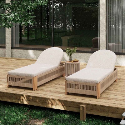 Outdoor Chaise Lounge Set with Side Table, 2 Chaise Lounges with Adjustable Backrest, Rope Chaise Lounge with Acacia Wood Frame-Coolbibila