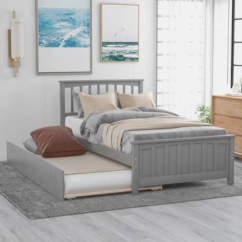 Twin Size Platform Bed Frame, Trundle Bed With Solid Wood Legs And Frame, Slats Support, Trundle Kids Trundle Bed