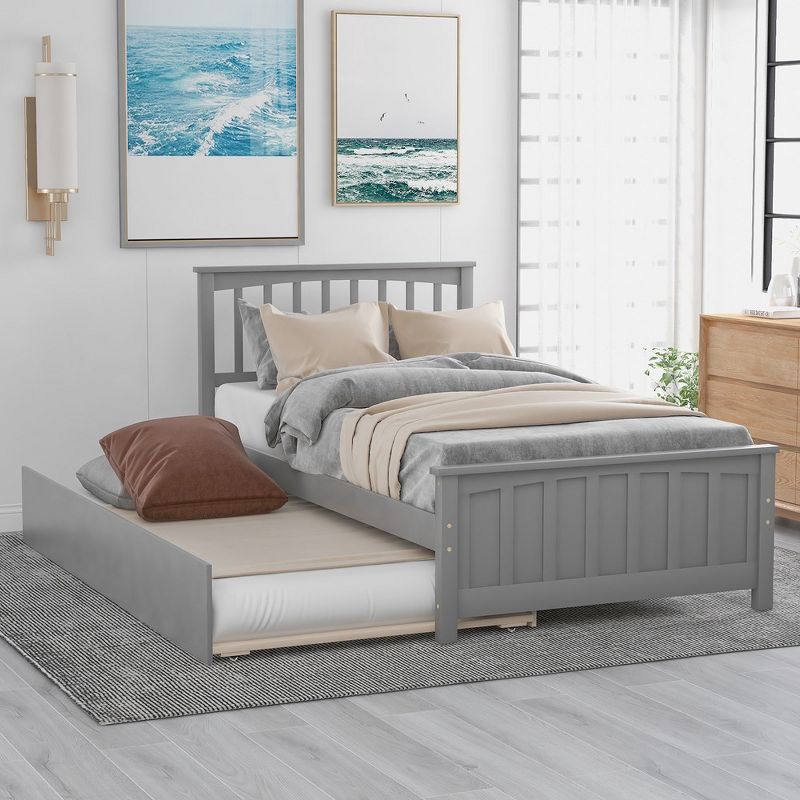 Twin Size Platform Bed Frame, Trundle Bed With Solid Wood Legs And Frame, Slats Support, Trundle Kids Trundle Bed, 1 of 7