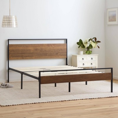 Twin Brown Wood and Metal Platform Bed with Headboard