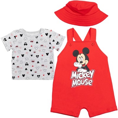 Disney Mickey Mouse 3 Piece Outfit Set: Short Overalls T-Shirt Hat Red 