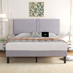 VECELO Platform Bed Frame Upholstered Beds with Height-Adjustable Cotton and Linen Headboard, Bed Frame