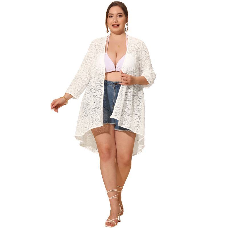 Agnes Orinda Women's Plus Size Lace Sheer High Low 3/4 Sleeve Open Front Cardigans, 3 of 7