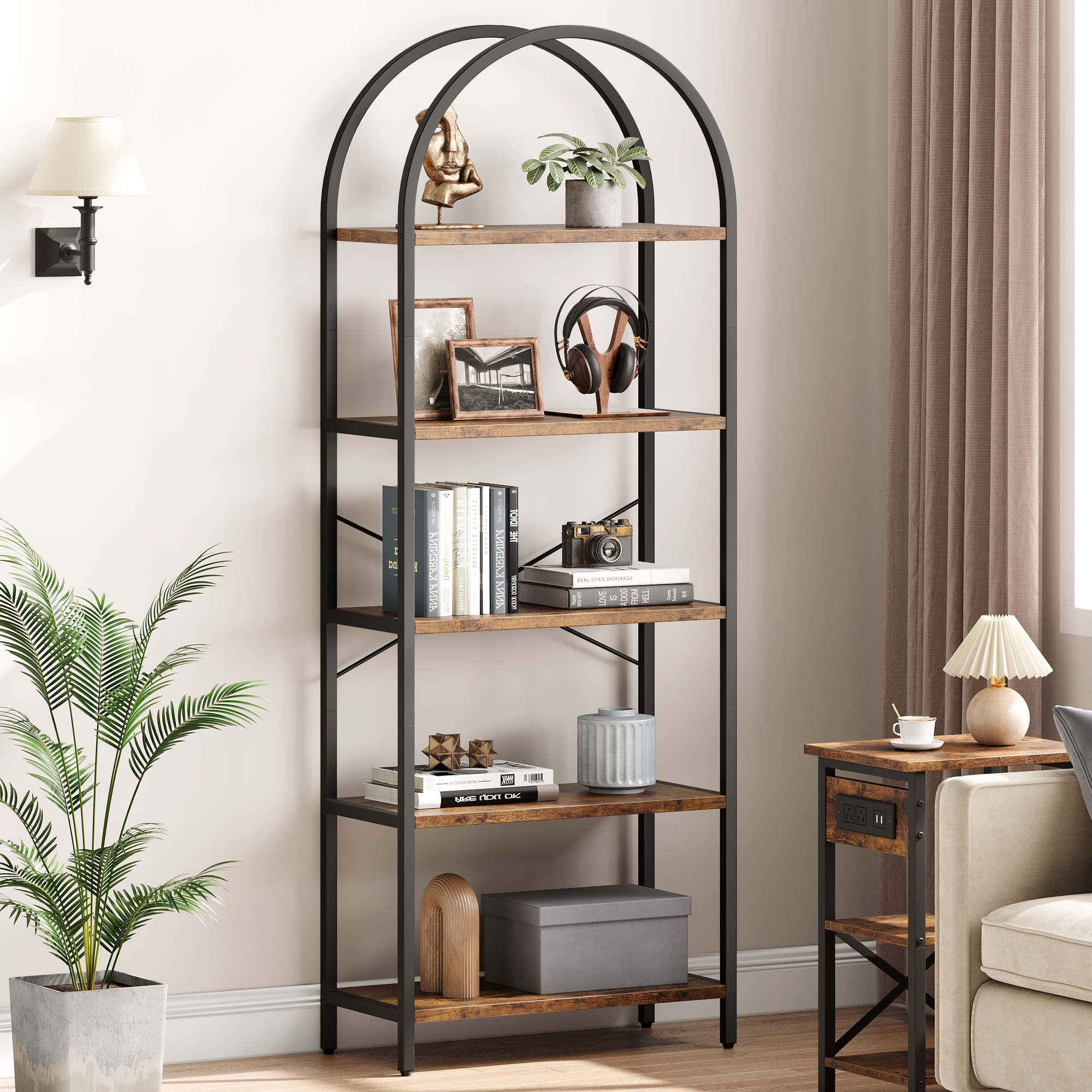 Bookshelf 5 Tier Bookcase Arched Display Racks Tall Standing Bookshelves Metal Frame Modern Storage Rack Shelf Large Wood Book Shelf