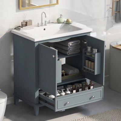 Whisen Vintage Bathroom Vanity with Sink Combo, Multi-functional Bathroom Cabinet with Doors and Drawer